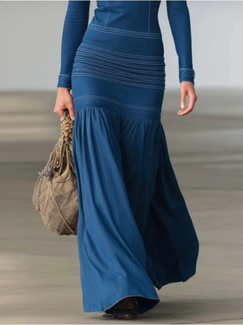 Womens Elegant Denim Zip Front Long Sleeve Maxi Dress